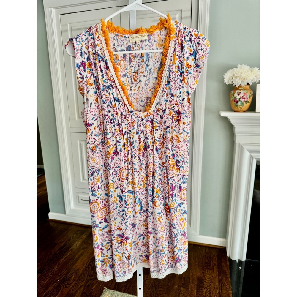 Cynthia Rowley Women's Small Floral Mini Dress Yellow Fringe Boho Coverup